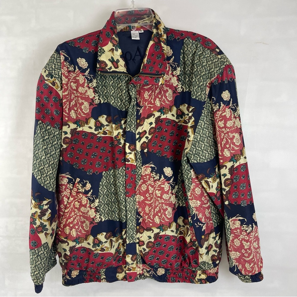 Vintage CoAco 100% Silk Patchwork Print Bomber Jacket Size Medium Multicolor